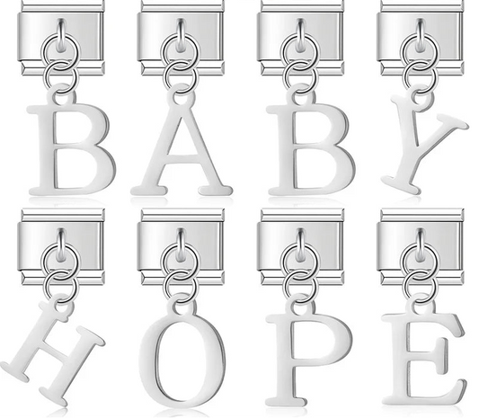 letters dangle charms in silver