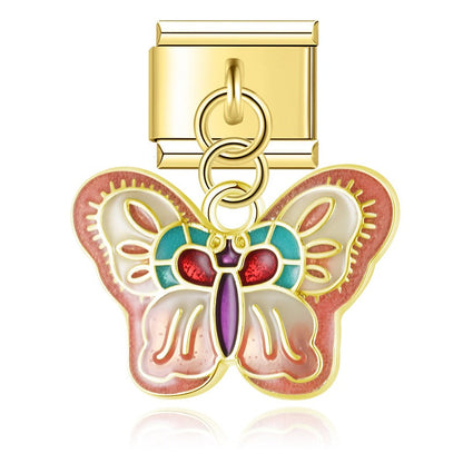 The Vibrant Enamel Butterfly & Floral Heart Dangle Charm in Gold