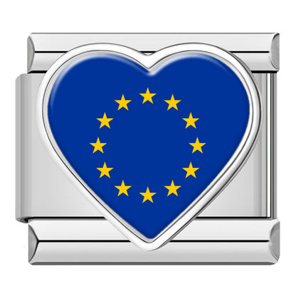 Silver Heart National Flag Italian Charms — World Country Heart Flag 9mm Bracelet Links