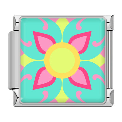 Colourful Vibrant Mosaic Tile Pattern Italian Charms — Silver & Gold Border Bracelet Links