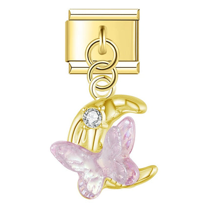 Iridescent Butterfly, Moon & Shimmering Star Trio Dangle Italian Charms — Aurora Celestial Dangle Links