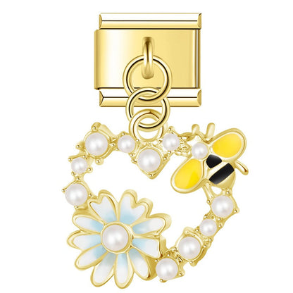 Pearl Floral Wreath & Bumblebee Heart Dangle Italian Charms in Gold — Pearl Daisy & Bee Heart Dangle Links