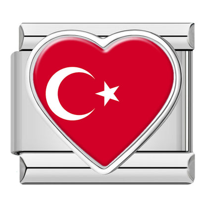 Heart National Flag Italian Charms in Silver — Silver Heart Country Flag 9mm Bracelet Links