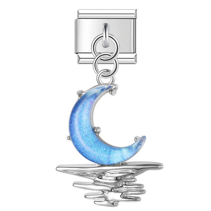 The Celestial Ocean & Iridescent Moon Dangle Charm in Silver