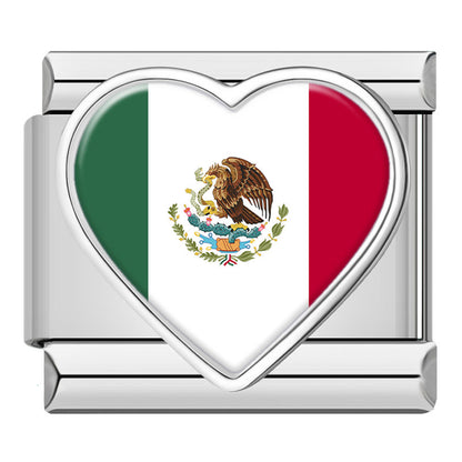 Heart National Flag Italian Charms in Silver — Silver Heart Country Flag 9mm Bracelet Links
