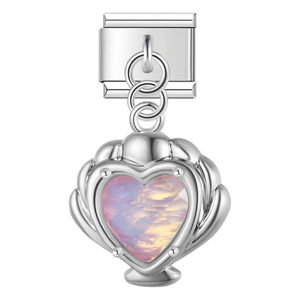 Mermaid’s Treasure Shell & Opalescent Heart Dangle Italian Charms — Ocean Pearl & Shell Dangle Links