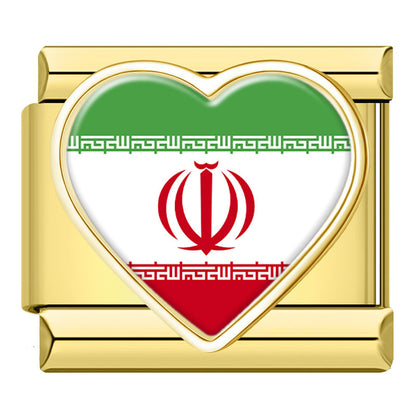 Golden Heart National Flag Italian Charms — Gold Heart Country Flag 9mm Bracelet Links