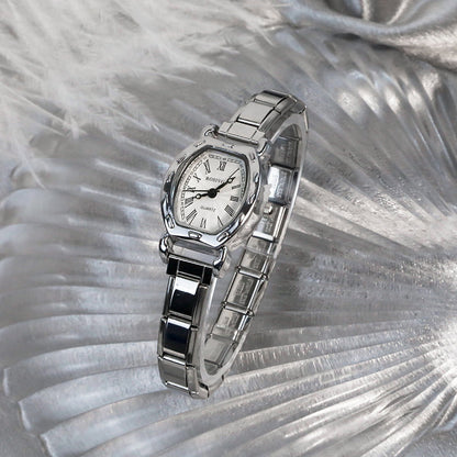Soft Rectangle Silver Watch with Cut-Out Edge Detail — Architectural Italian Charm Watch