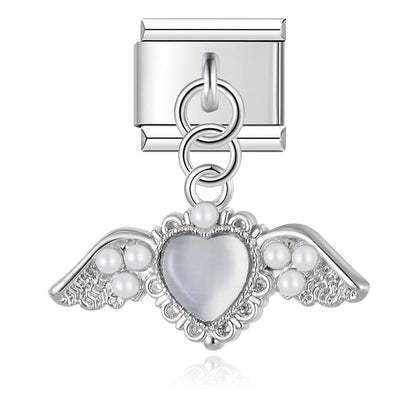 Crystal Orbit & Pearl Winged Heart Dangle Italian Charms — Silver & Gold Ribbon Heart & Wing Dangle Links