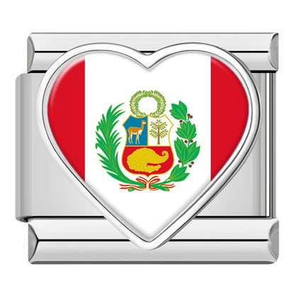 Silver Heart National Flag Italian Charms — World Country Heart Flag 9mm Bracelet Links