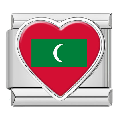 Silver Heart National Flag Italian Charms — World Country Heart Flag 9mm Bracelet Links
