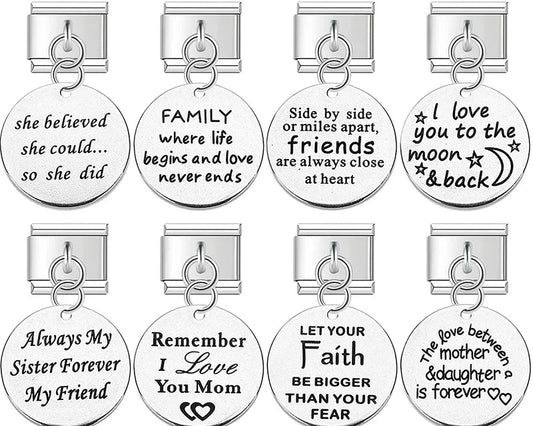 Set of motivational pendants with engraved quotes 