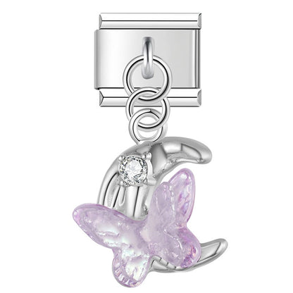 Iridescent Butterfly, Moon & Shimmering Star Trio Dangle Italian Charms — Aurora Celestial Dangle Links