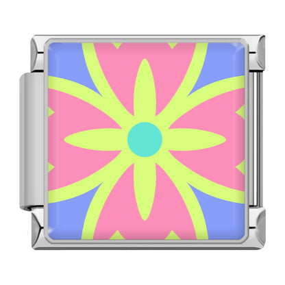 Colourful Vibrant Mosaic Tile Pattern Italian Charms — Silver & Gold Border Bracelet Links