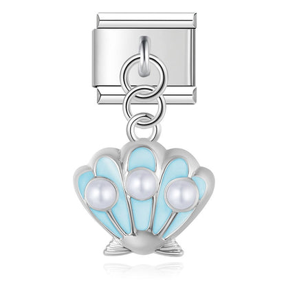 Pearl Scallop Shell Dangle Italian Charms — Silver & Gold Enamel Shell Dangle Links