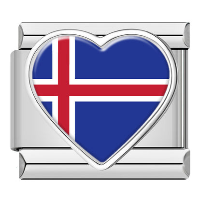 Heart National Flag Italian Charms in Silver — Silver Heart Country Flag 9mm Bracelet Links