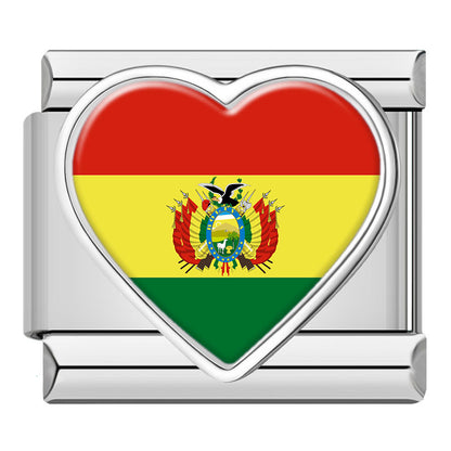 Silver Heart National Flag Italian Charms — World Country Heart Flag 9mm Bracelet Links