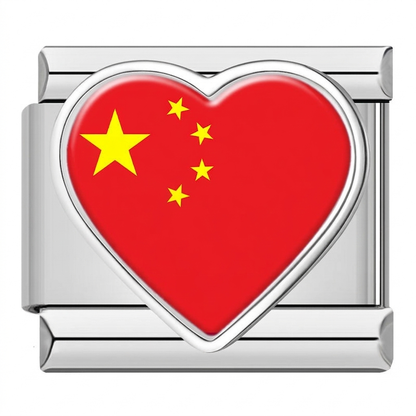 Heart National Flag Italian Charms in Silver — Silver Heart Country Flag 9mm Bracelet Links