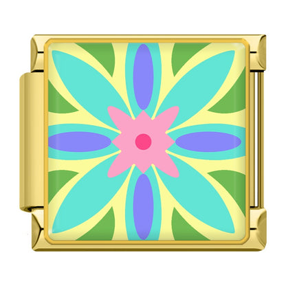 Colourful Vibrant Mosaic Tile Pattern Italian Charms — Silver & Gold Border Bracelet Links