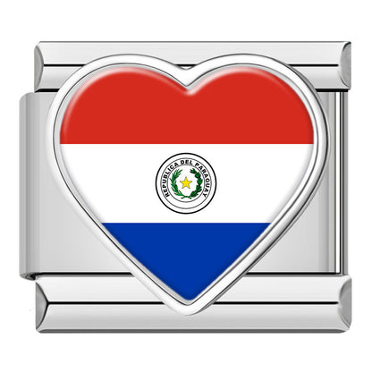 Silver Heart National Flag Italian Charms — World Country Heart Flag 9mm Bracelet Links