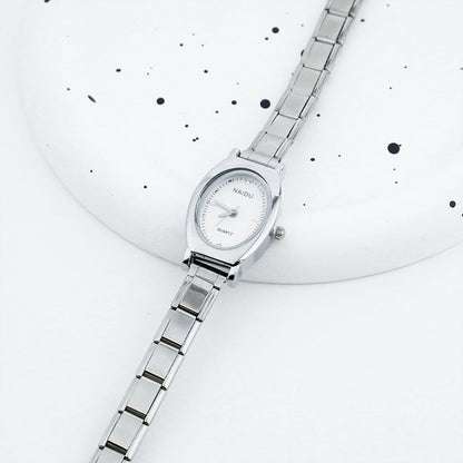 Sleek Oval Silver Watch with Minimalist Dial — Clean Italian Charm Watch Bracelet