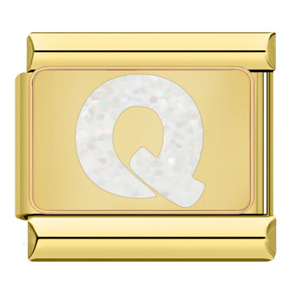 Golden Glitter Letter Initial Italian Charms A–Y — White Glitter Alphabet Gold Border Links