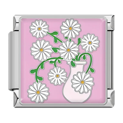 Elegant Silver Flower Italian Charms — Daisy, Rose, Hibiscus & Floral Enamel Bracelet Links
