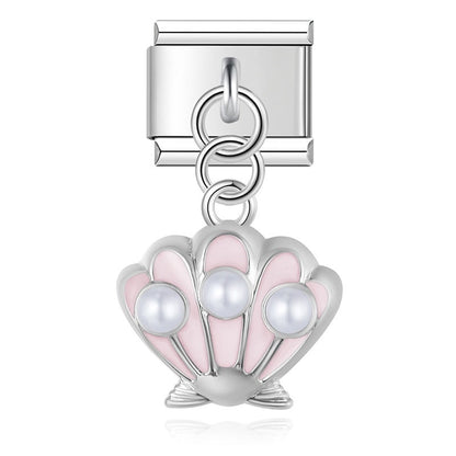 Pearl Scallop Shell Dangle Italian Charms — Silver & Gold Enamel Shell Dangle Links