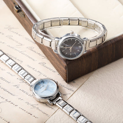 Round Silver Watch with Marble Face Dial — Blue & Black Italian Charm Watch Bracelet
