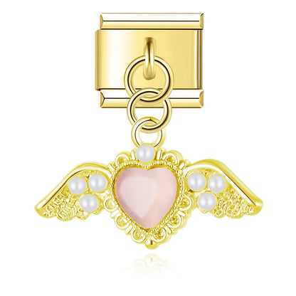 Crystal Orbit & Pearl Winged Heart Dangle Italian Charms — Silver & Gold Ribbon Heart & Wing Dangle Links