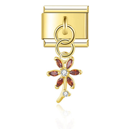 Elegant Golden Star, Flower & Bird Dangle Italian Charms — Gold Celestial & Nature Dangle Links