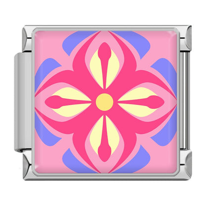 Colourful Vibrant Mosaic Tile Pattern Italian Charms — Silver & Gold Border Bracelet Links