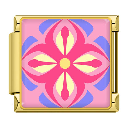 Colourful Vibrant Mosaic Tile Pattern Italian Charms — Silver & Gold Border Bracelet Links