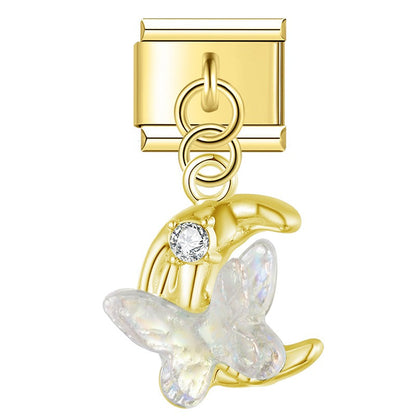 Iridescent Butterfly, Moon & Shimmering Star Trio Dangle Italian Charms — Aurora Celestial Dangle Links