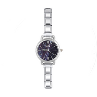 Round Silver Watch with Marble Face Dial — Blue & Black Italian Charm Watch Bracelet