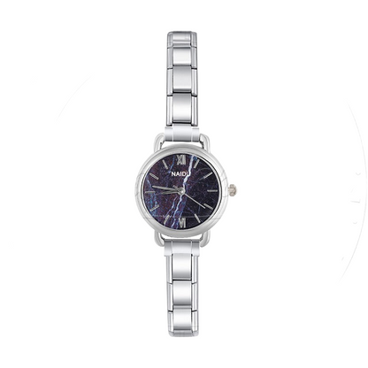Round Silver Watch with Marble Face Dial — Blue & Black Italian Charm Watch Bracelet