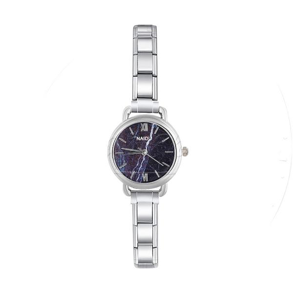 Round Silver Watch with Marble Face Dial — Blue & Black Italian Charm Watch Bracelet