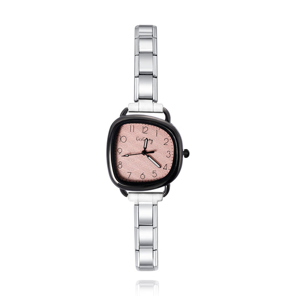 Soft Square Watch with Dark Border — Bold Contrast Italian Charm Watch Bracelet