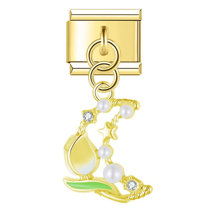 Tulip Moon & Pearl Bow Heart Dangle Charm in Gold