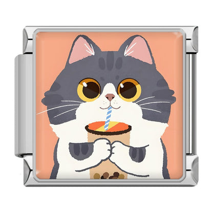 Kawaii Cat & Sweet Snack Time Italian Charms — Fishy Calico, Boba Tea, Avocado Kitty & More