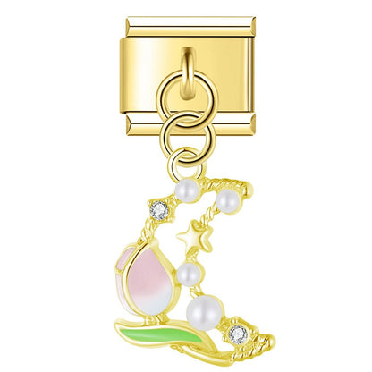 Tulip Moon & Pearl Bow Heart Dangle Charm in Gold