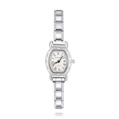 Soft Rectangle Silver Watch with Cut-Out Edge Detail — Architectural Italian Charm Watch