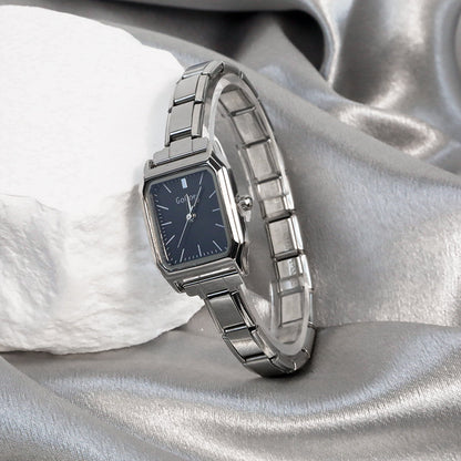 Vintage Black Rectangle Customisable Italian Charm Watch — Dark Dial Watch Bracelet