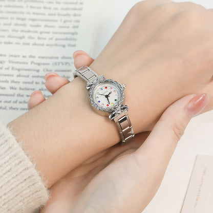 Ornate Bow & Rainbow Crystal Round Watch — Whimsical Italian Charm Watch Bracelet