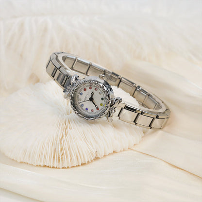 Ornate Bow & Rainbow Crystal Round Watch — Whimsical Italian Charm Watch Bracelet