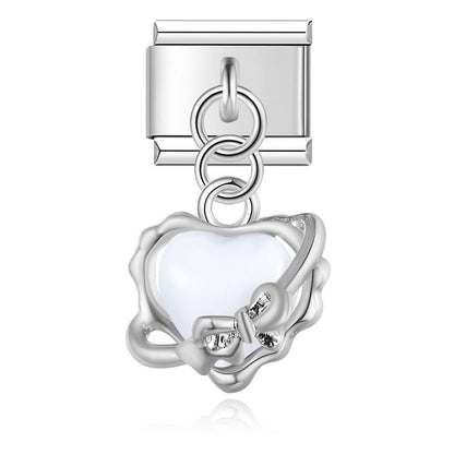Crystal Orbit & Pearl Winged Heart Dangle Italian Charms — Silver & Gold Ribbon Heart & Wing Dangle Links