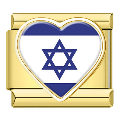 Golden Heart National Flag Italian Charms — Gold Heart Country Flag 9mm Bracelet Links