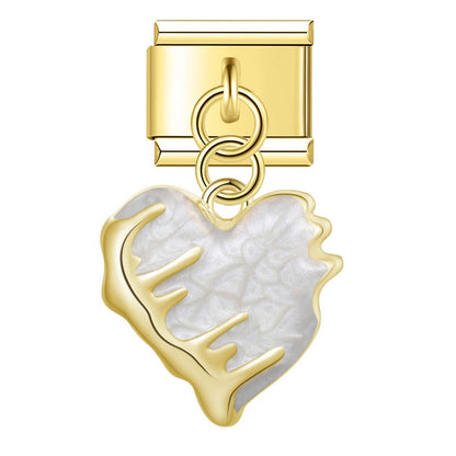 Heart & Pearl Bow Dangle Italian Charms in Gold — Textured Enamel Heart & Pearl Medallion Dangle Links