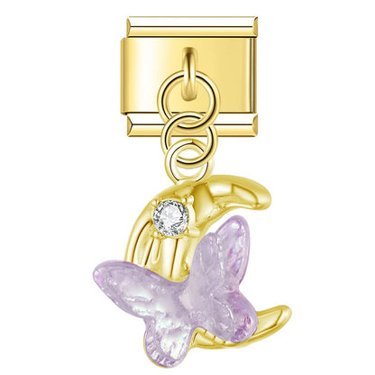 Iridescent Butterfly, Moon & Shimmering Star Trio Dangle Italian Charms — Aurora Celestial Dangle Links