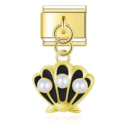 Pearl Scallop Shell Dangle Italian Charms — Silver & Gold Enamel Shell Dangle Links